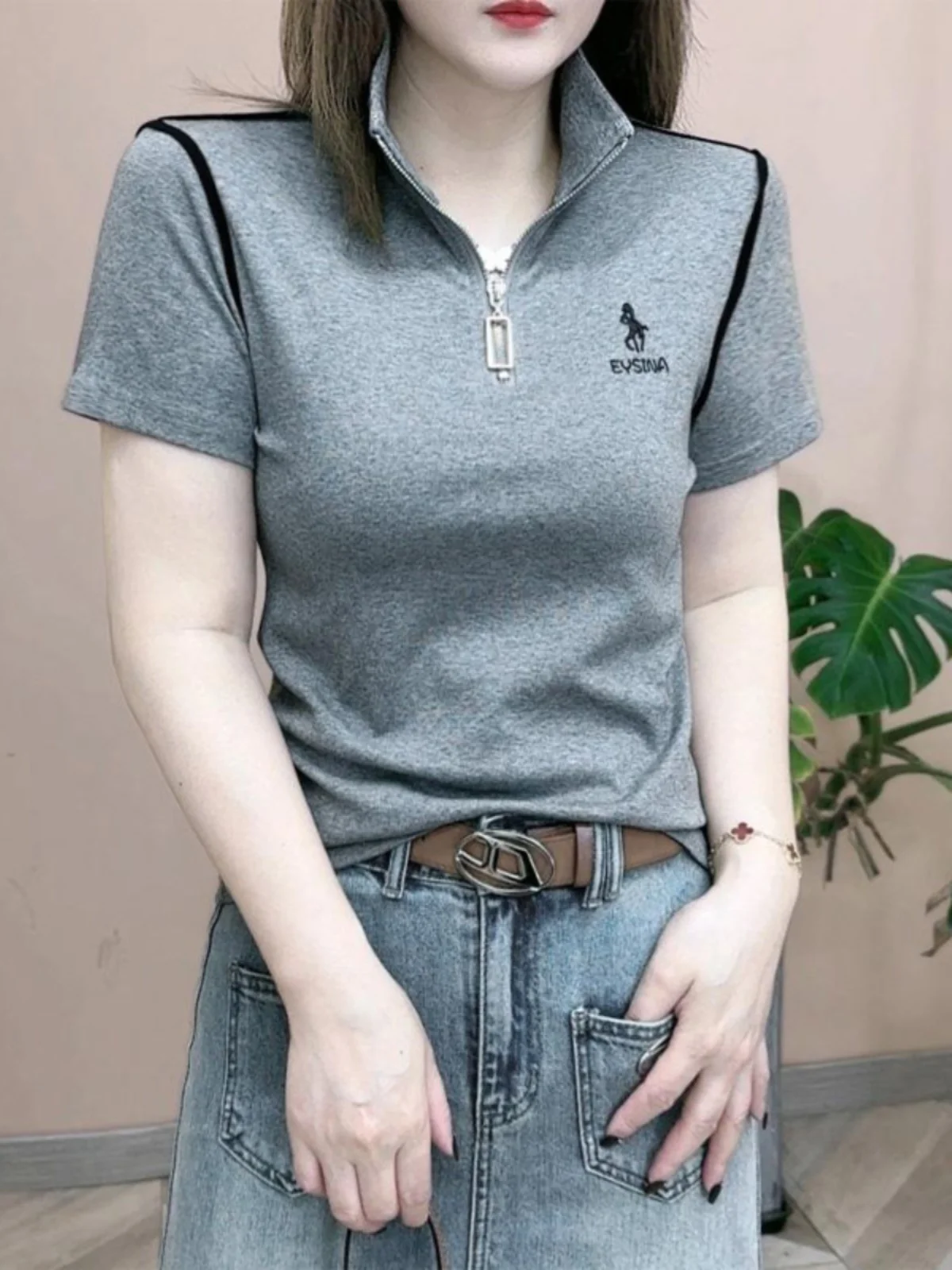 Faionable Slim Fit f Zip ort Sve Camiseta Feminina Base irt Versátil Sli Verão Nova Chegada Quente Fogo Beau