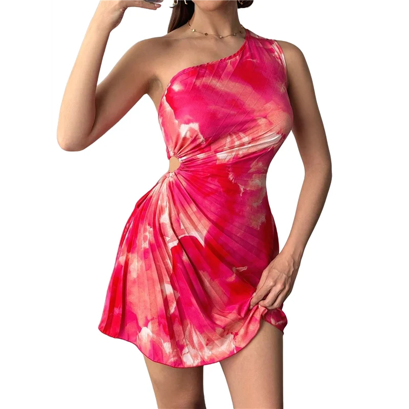 ABP-فستان صيفي نسائي 2025 فستان قصير بكتف واحد مزين بقطع مطوي فساتين زفاف الضيوف