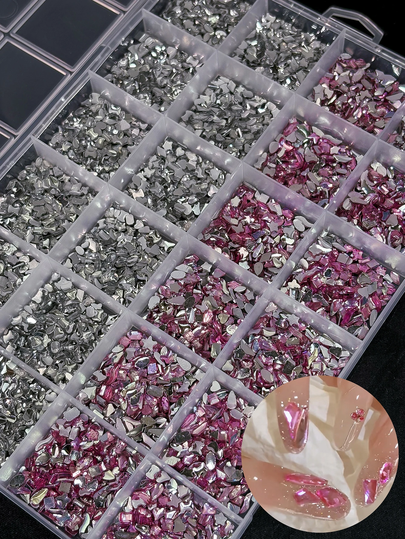 24Grids 3D Mixed Pink White Nail Art Rhinestones Flatback Star Moon Heart Diamond Shapes Nails Charms DIY Nails Supplies Gems ZB