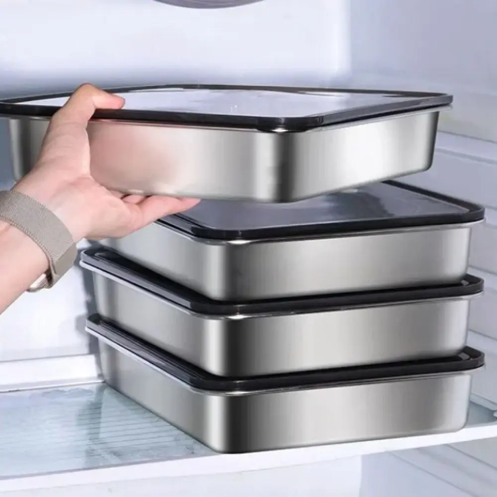

Коробка для хранения свежести из нержавеющей стали, прямоугольная с пластиковой крышкой, коробка для пельменей, большой размер, антипригарное дно, поднос для приготовления еды, фрукты