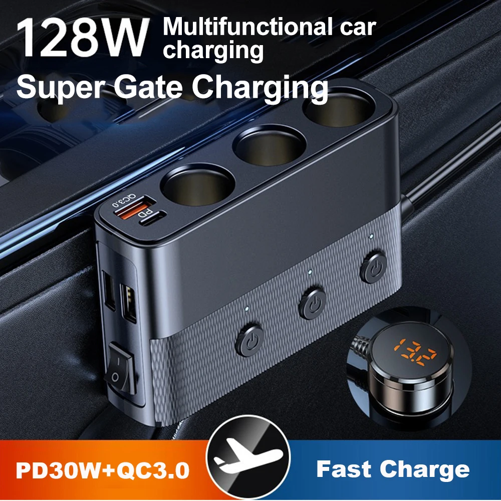 128W Car Charger Cigarette Lighter Adapter Splitter PD30W QC3.0 3-in-1 Multi Ports Quick Charge USB Charging Socket with Switch