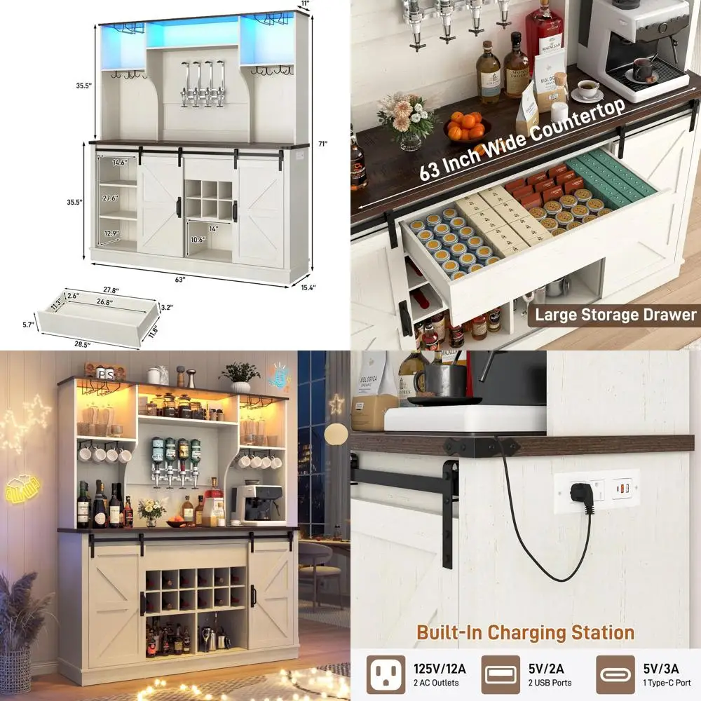 

LED-Lit 63W x 71H Bar Cabinet with Charging, Wine Rack, and Dispenser for Home