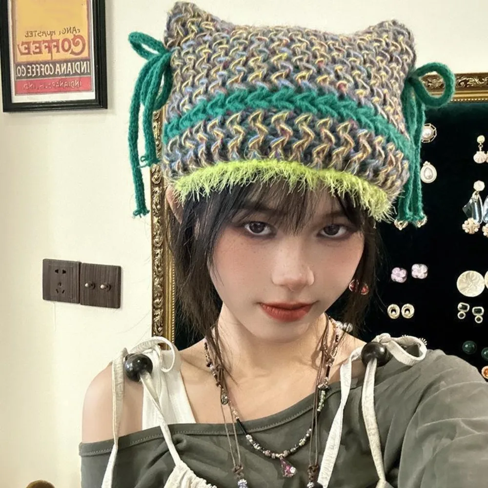 

Trendy Striped Woolen Hat Womens Contrasting Color Bini Cap Knitted Hat Bow Knot Y2K Beanies Cap Spring Summer