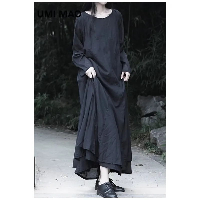 UMI MAO Chinese Style Dresses With A Dark Cool Design Feel All Cotton Double Layer Long Sleeved Large Swing Dress For Women