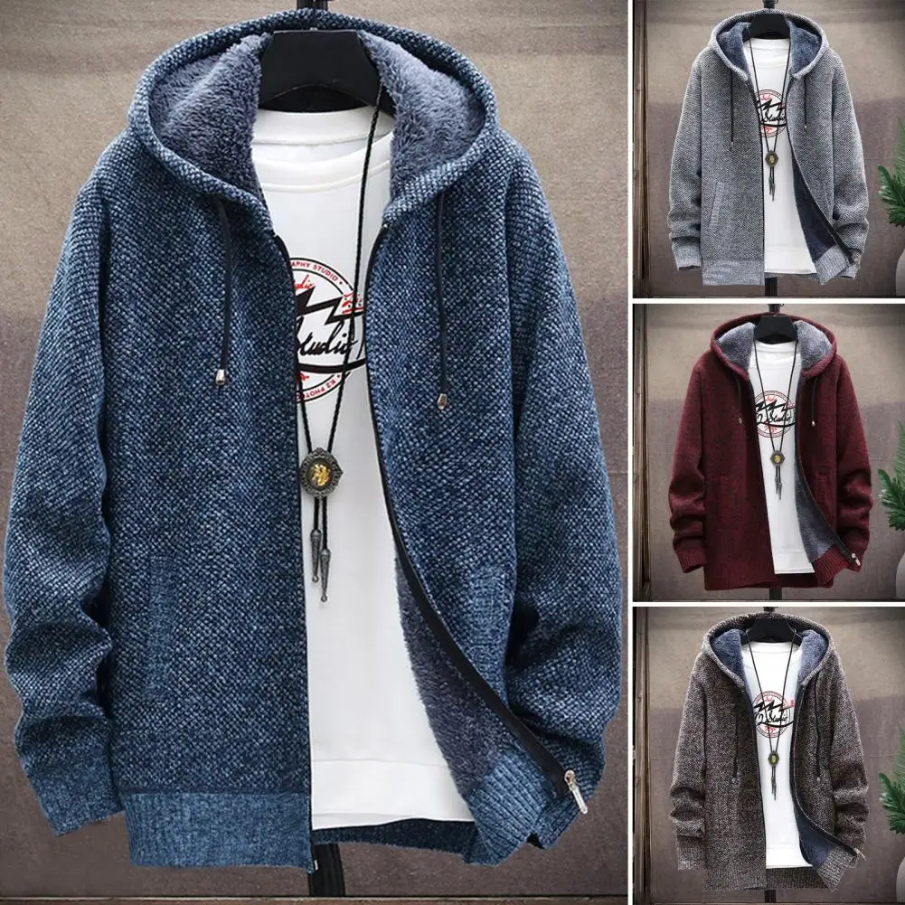 

Hooded Knitted Coat Soft Cozy Knitted Outerwear Stylish Men's Hooded Knit Cardigan Coat with Zipper Placket Pockets for Spring