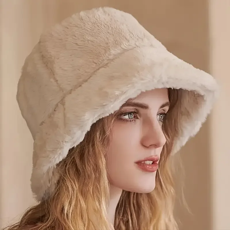 Thermal Bucket Hat, Faux Rex Rabbit Fur Fisherman Hat Winter Thermal Hat, Women's Hat