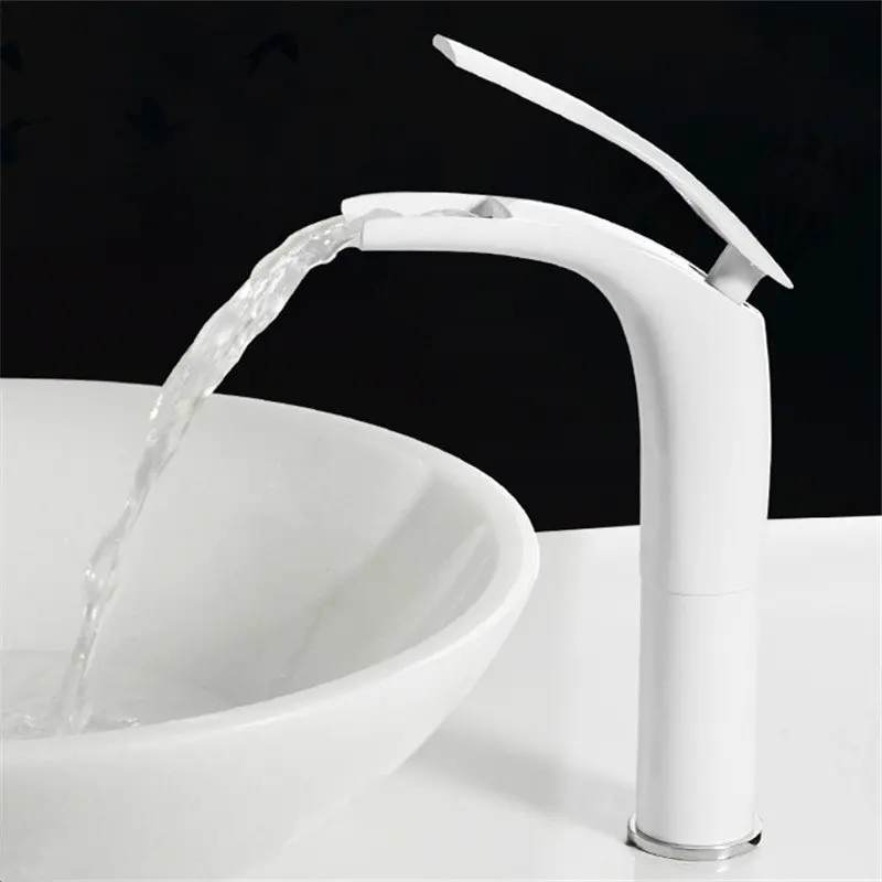 

Bathroom Basin Faucet White and Black Solid Brass Specail Sink Mixer Tap Hot & Cold Waterfall Basin Faucet