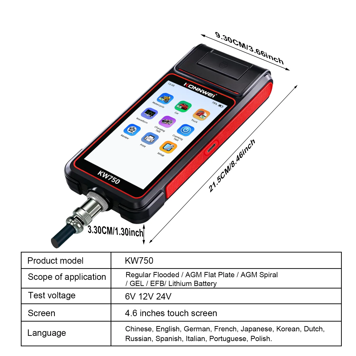 Touchscreen CCA SOC SOH Battery Tester With Printer, For 6/12/24V Car, Motorcycle, Truck & Marine Batteries