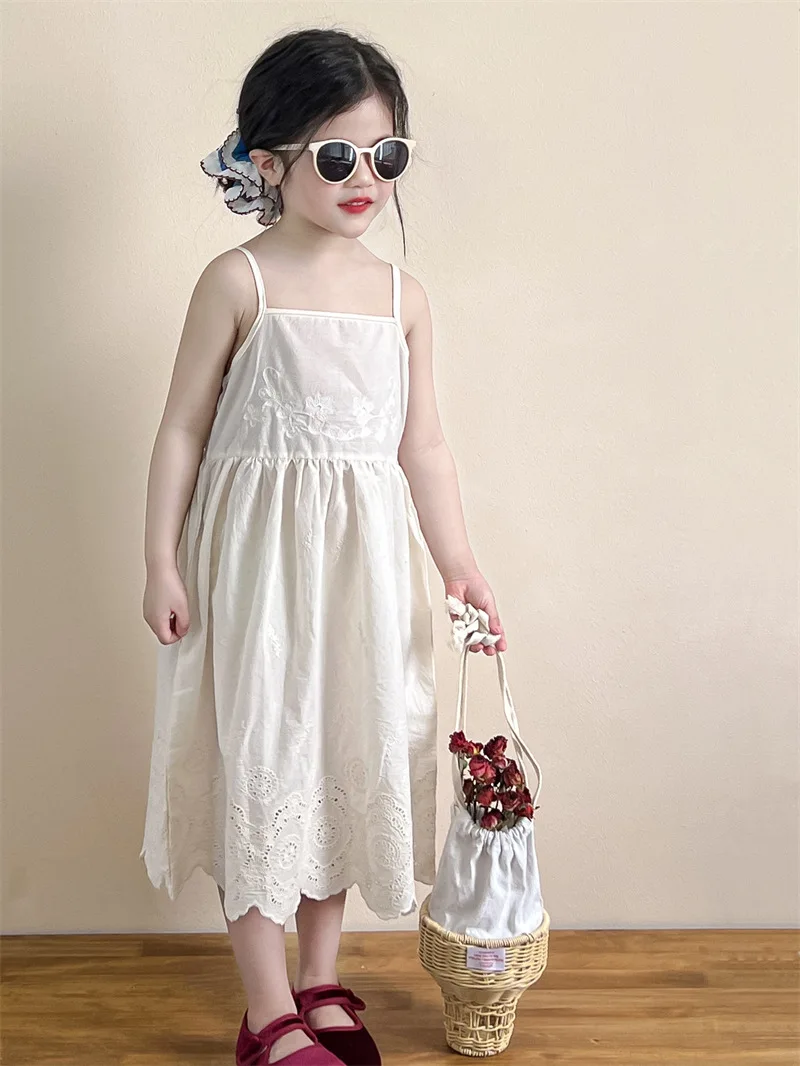 2025-verao-novas-meninas-estilo-de-ferias-bordado-algodao-e-canhamo-vestido-meninas-pescoco-pendurado-cinta-vestido