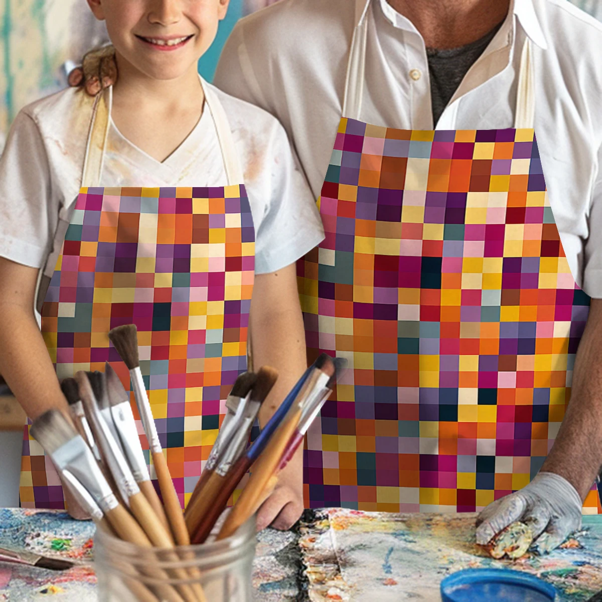 Colorful Checkered Pattern Polyester Apron - Stylist Apron for Art Painting, Practical for Home Art Studio & Craft Room