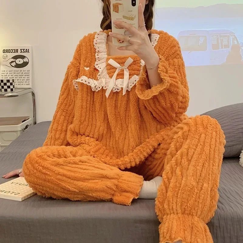 2024 New Coral Velvet Pajamas Women Autumn Winter V-neck Sleepwear Plush Thickened Loungewear Sweet Warm Flannel Homewear Set