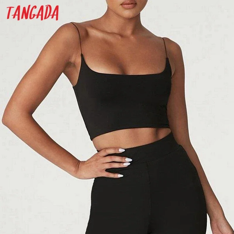 Tangada women sexy candy color strethy camis top spaghetti strap sleeveless backless short blouses shirts female solid tops 4P7