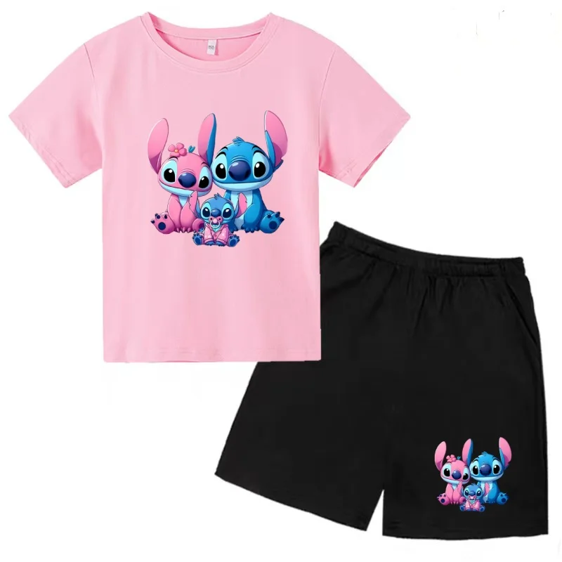 

Kids Stitch Summer Round-Neck Cartoon Anime T-shirt Boy Girl Toddler 3-12Yrs Casual Short-Sleeved Top+Shorts Sports Charming Set