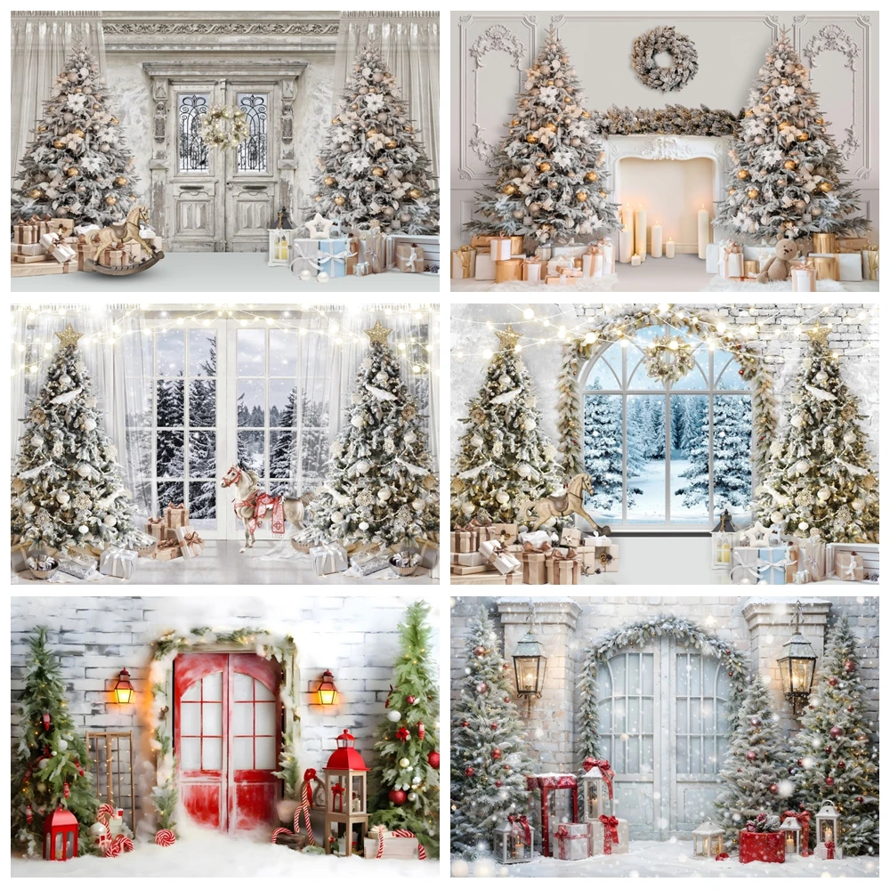 

White Christmas Photography Backdrop Xmas Tree Gift Interior Fireplace Window Winter Kids Portrait Family Decor Photo Background