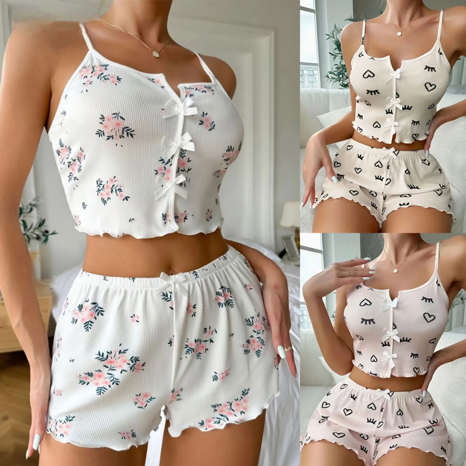 ملابس نوم صيفية مثيرة للنساء طقم بيجامة مطبوع عليه زهور على شكل حرف V شورت كامي علوي مزين بالخس ملابس داخلية مثيرة ملابس للاستلقاء