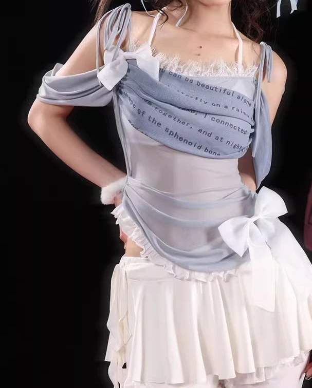 Elegant Blue Pink Elastic Gauze Ruffles Irregular Ballet Suspender T-shirt Summer New Girl Sweet Bow Age-reducing Versatile Top