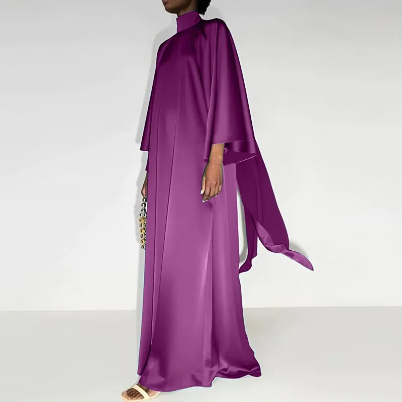 Spring Fashion Satin Robe Dress Muslim Women Elegant Solid Round Neck Long Sleeve Loose Satin Dress Women