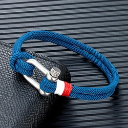 MKENDN Nautical Bracelets for Men Double Strand Surfer Rope Bracelet Stainless Steel Anchor Shackle Handmade Ideal Gift for Son