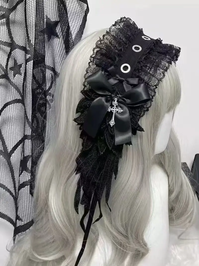NONSAR 2025 일본 레이스 리본 윙 로리타 헤어밴드 다크 고딕 앵글 헤드웨어 로리타 애니메이션 코스프레 헤어 액세서리