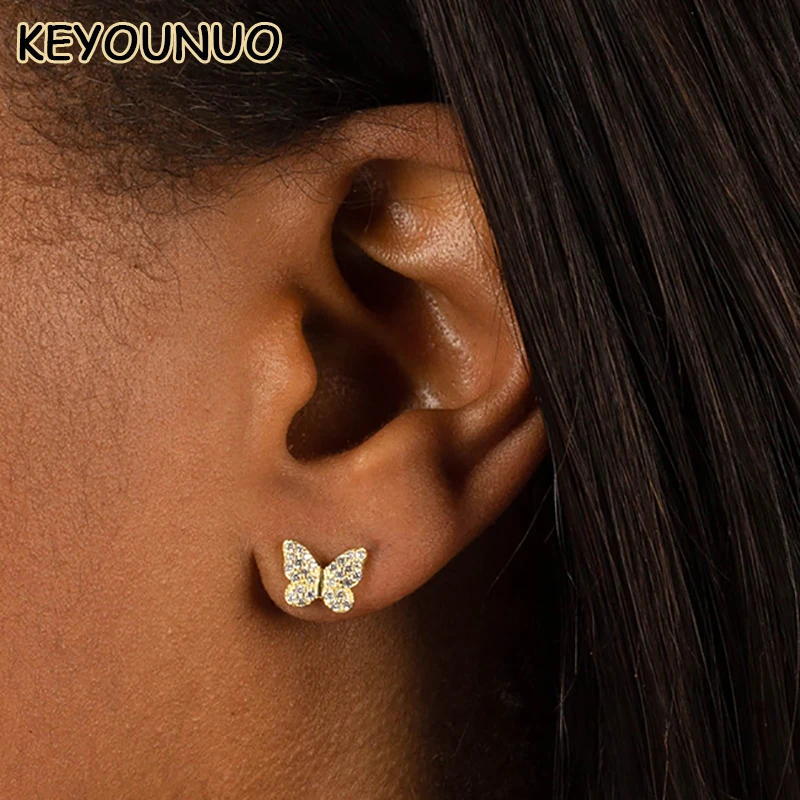 KYOUNUO Lovely Gold Plated CZ Stud Earrings For Women Girls Zircon Butterfly Earrings Fashion Party Wedding Jewelry Wholesale