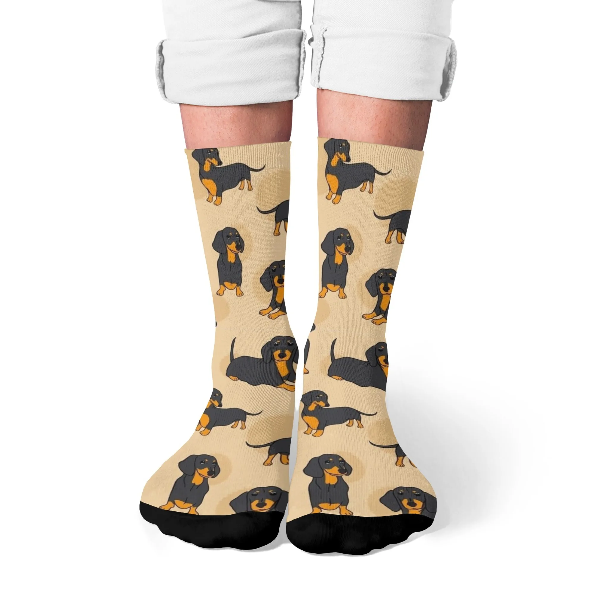 1 Pair Funny Dachshund Dog Men Socks Cute Retro Harajuku Black & Tan Dogs on Novelty Gift for Dog Owner Wear Playful Design