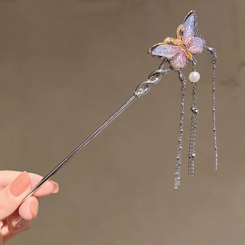 Chinese Style Gradient Butterfly Tassel Hair Sticks Women Antique Pearl Hairpin Hanfu Qipao Headwear Women Hair Accessories