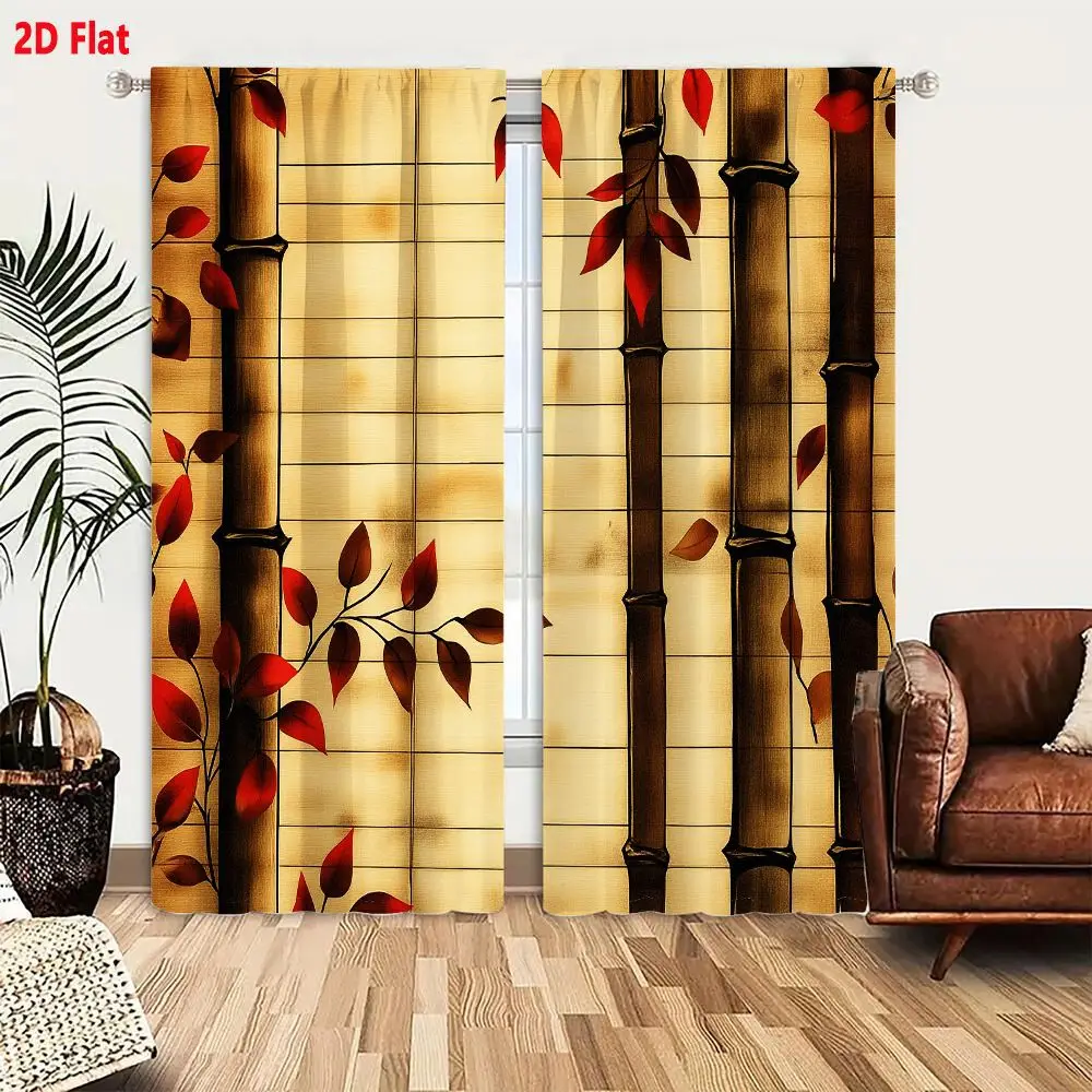 2Pcs Curtains 2D Flat Bamboo Stalks With Red Maple Leaves On Textured Beige Background Window Drapes for Bedroom Room Decor Deco