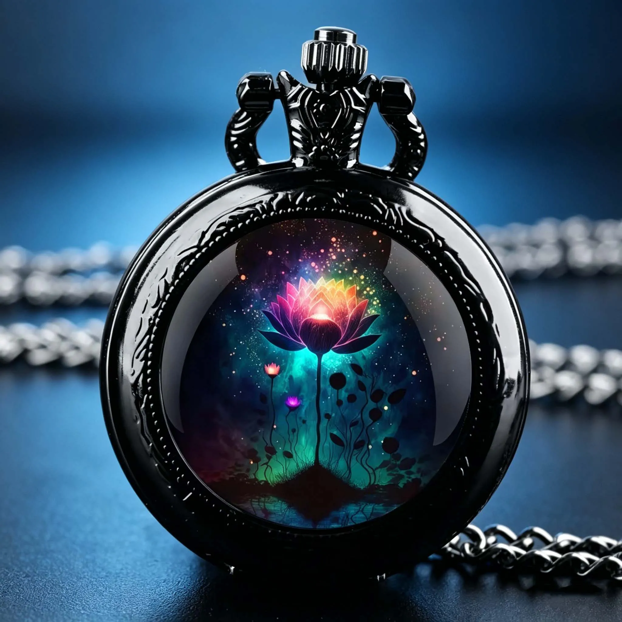 

Glowing Lotus Pendant Glass Dome Pocket Watch Souvenir Chain Clock Arabic Numerals with Personality Gift for Women Men Children