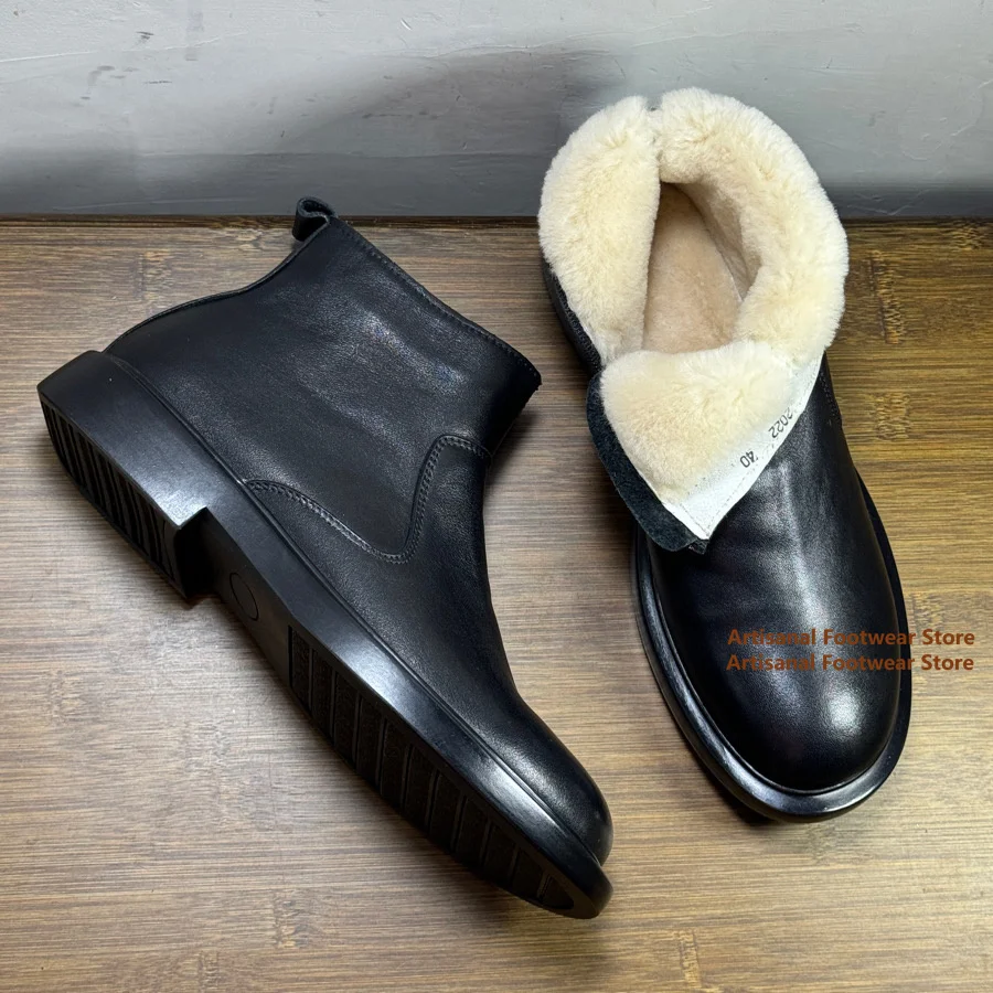 ارتفاع أعلى أفخم تشيلسي الأحذية جولة تو الجانب سستة جلد الغنم والصوف المتكاملة الكاحل الثلوج أحذية الشتاء الدافئة الرجال الأحذية