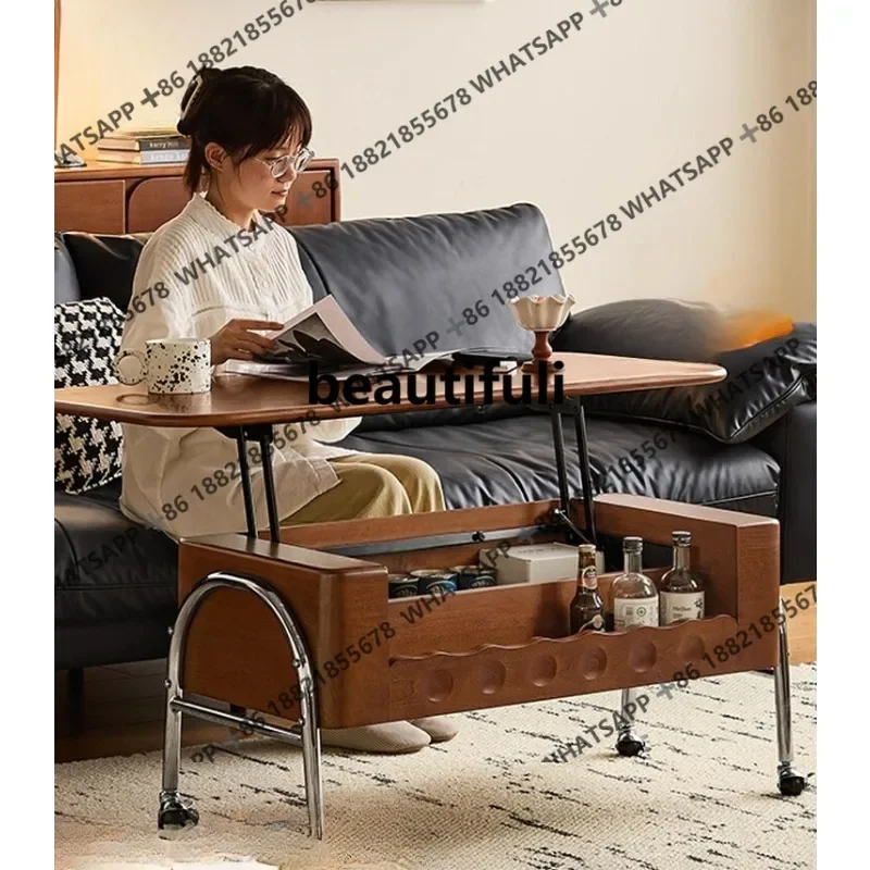 

X solid wood mobile coffee table retro living room home small apartment can be lifted tea table small tea table
