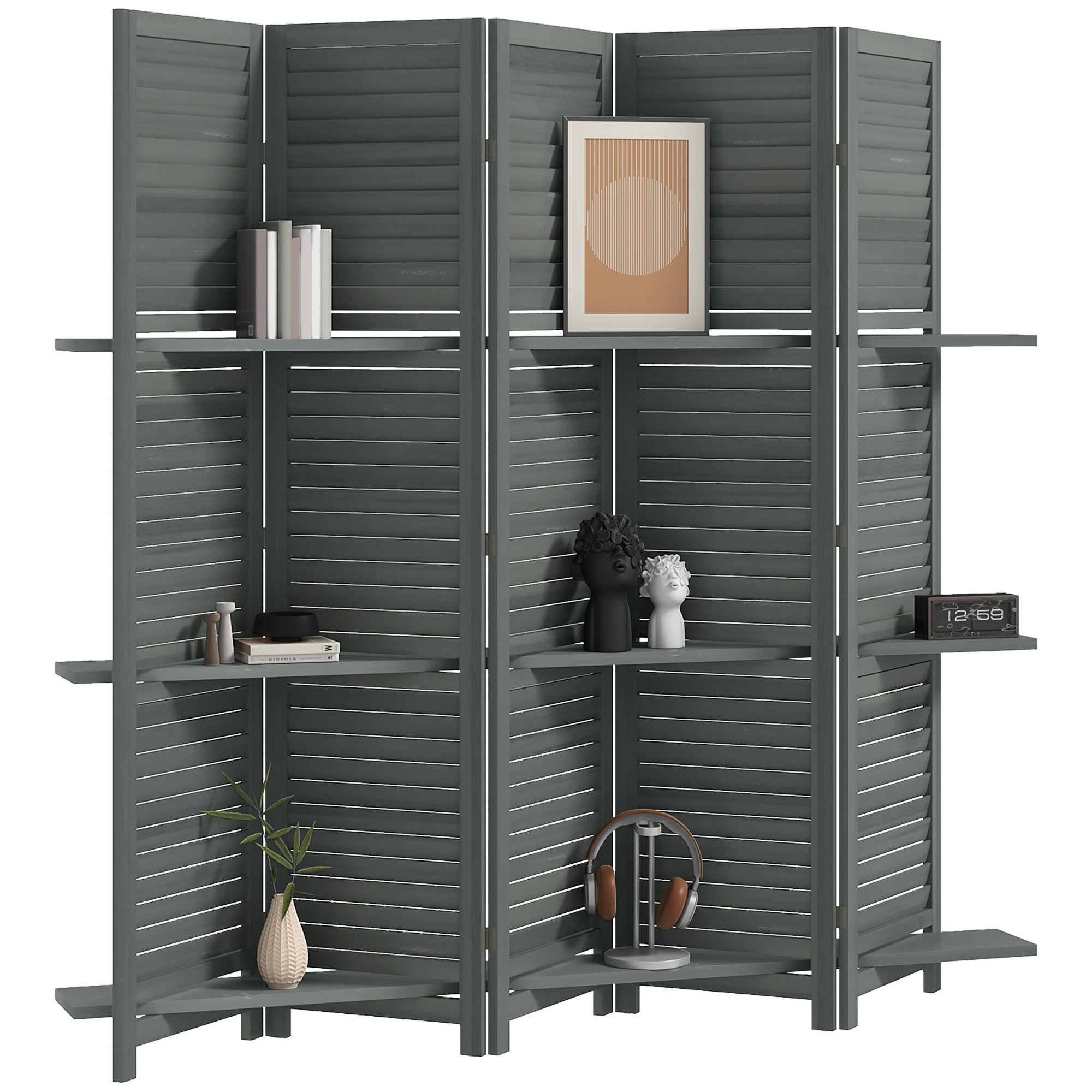 Wood Mobile Folding Privacy Screen, Room Divider W/ Shelves Gray