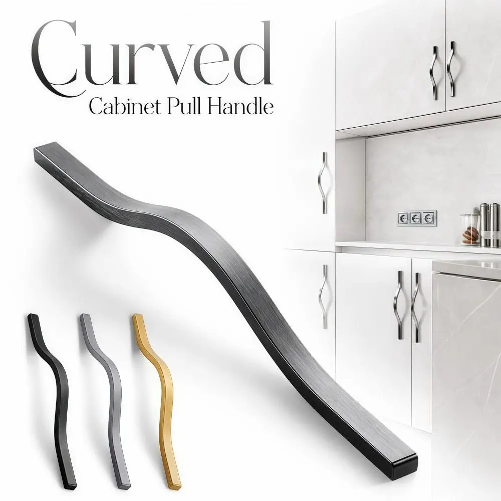 Aluminum Alloy Cabinet Pull Handle Multiple Sizes Brushed Wardrobe Door Pull Sleek Long-bar Curved Furniture Handle