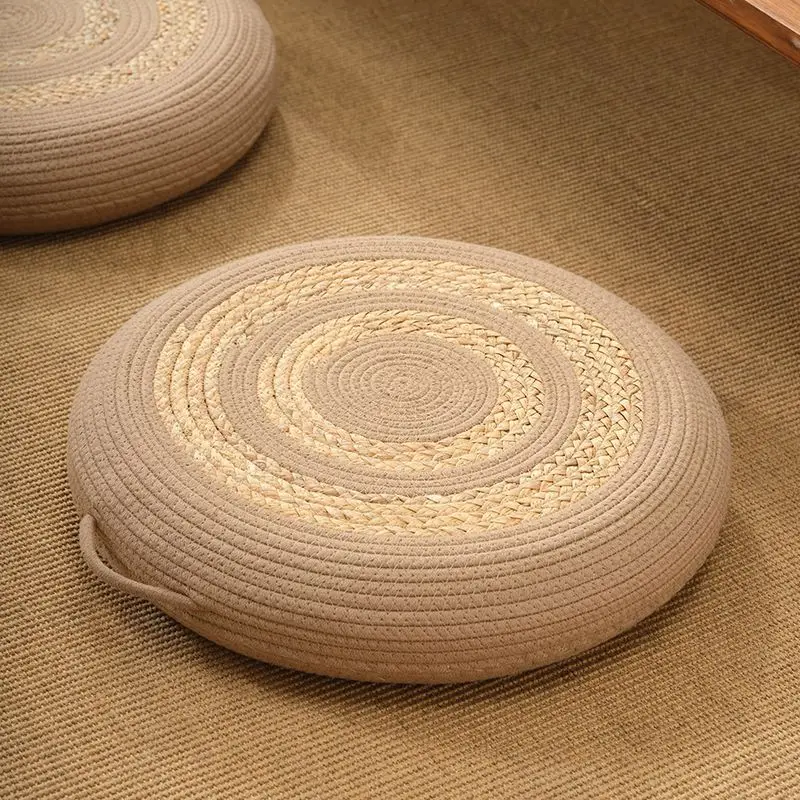 Chinese Style Thick Tatami Floor Cushion, Round Seat Pad for Living Room Balcony Bay Window, Household Home Textile Mat