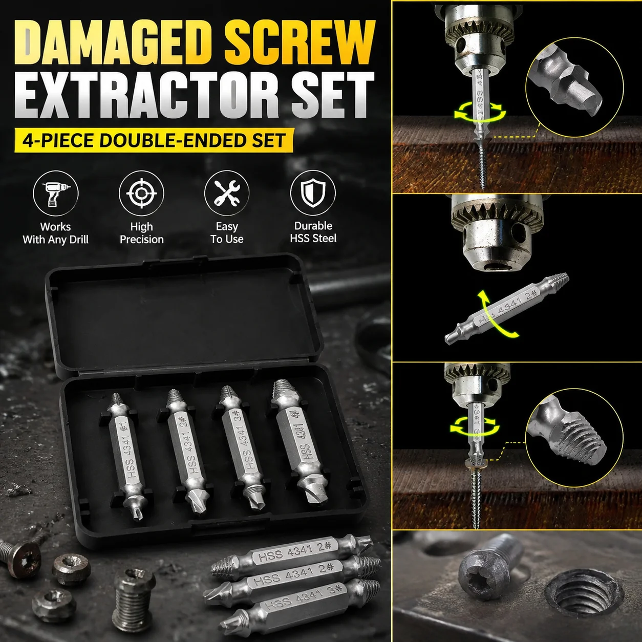 

Double Side Drill Out Damaged Screw Extractor Out Remover Handymen Broken Bolt Stud Removal Tool Kit 4pc #1 #2 #3 #4 With Case