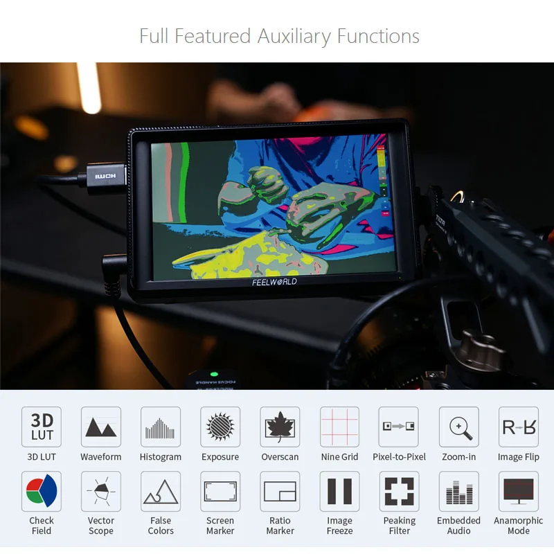 FEELWORLD S55E 5.5 Inch DSLR Camera Field Video Monitor FHD IPS Support 4K HDMI Input Output Tilt Arm Power Output view 4