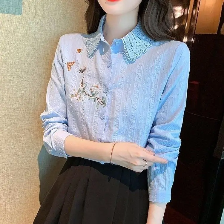 Pure Cotton Embroidered Large Size Shirt for Women Long Sleeves New Women Fashionable Lace Retro Versatile Cardigan