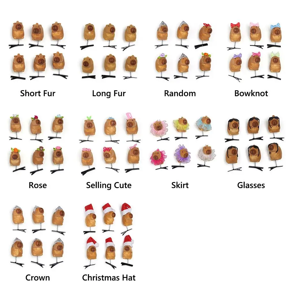 6pcs Cute Cartoon Capybara Spring Hair Clip Kawaii Funny Children Headwear 3D Plush Hairpin Hair Styling Tool