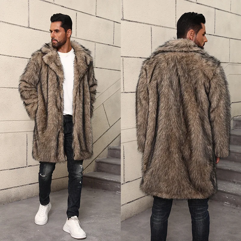 Luxury Brand Winter Faux Fur Coat Men's Mid-length Lapel Warm Faux Fur Coat Thick Soft Fluffy Furry Outerwear Fur Jacket Men New