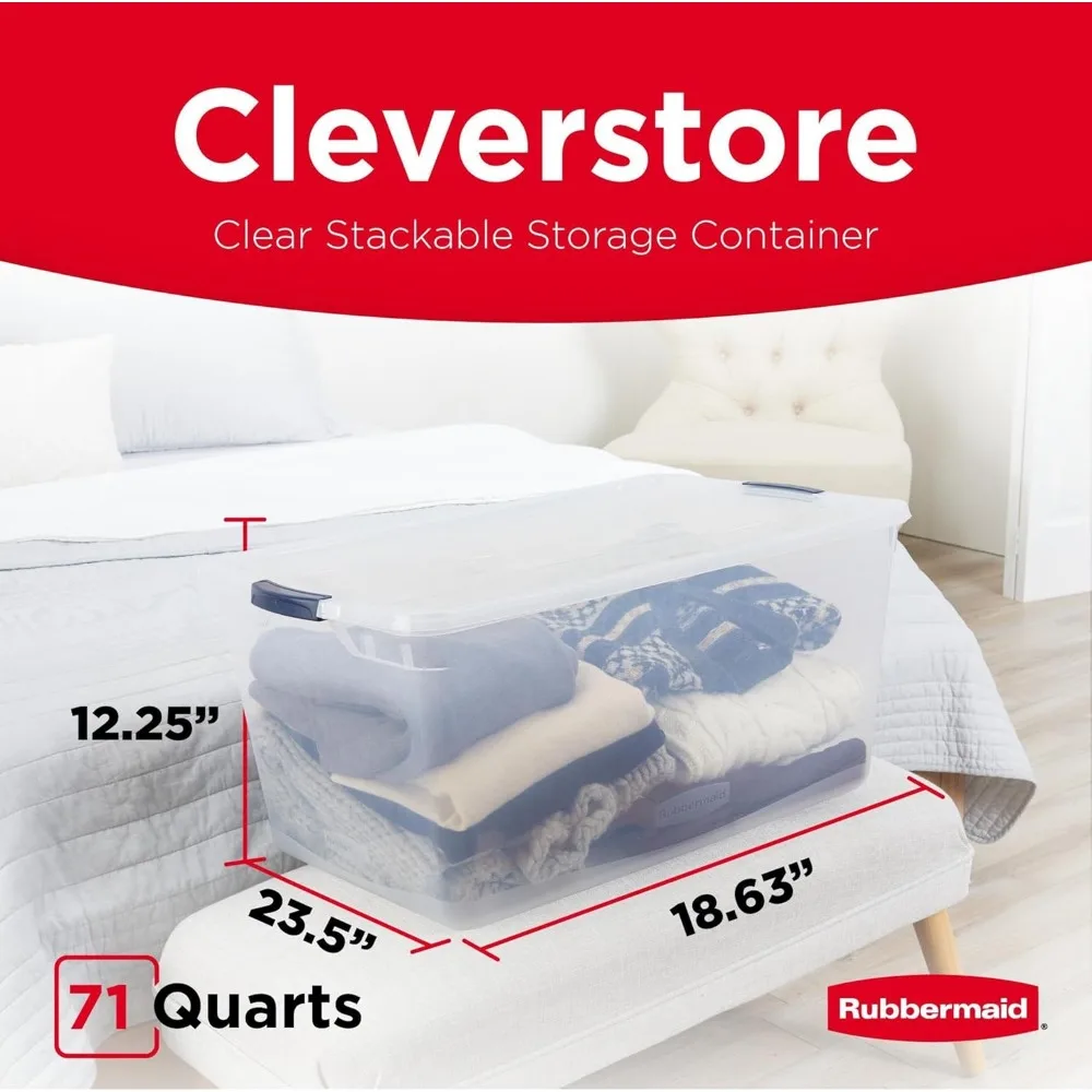 صناديق تخزين شفافة قابلة للتكديس بسعة 74 لترًا من Rubbermaid Cleverstore مع أغطية، 4 عبوات، خالية من مادة BPA، مصنوعة في الولايات المتحدة الأمريكية