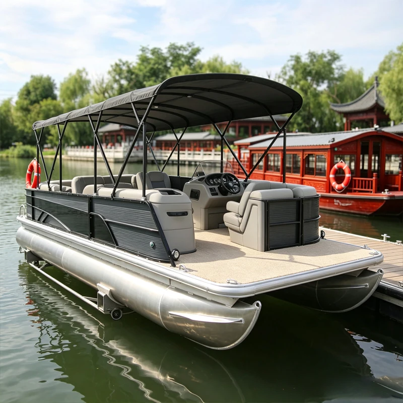 Multi-Purpose Black Pontoon Boat For Fishing And Family Entertainment Customized