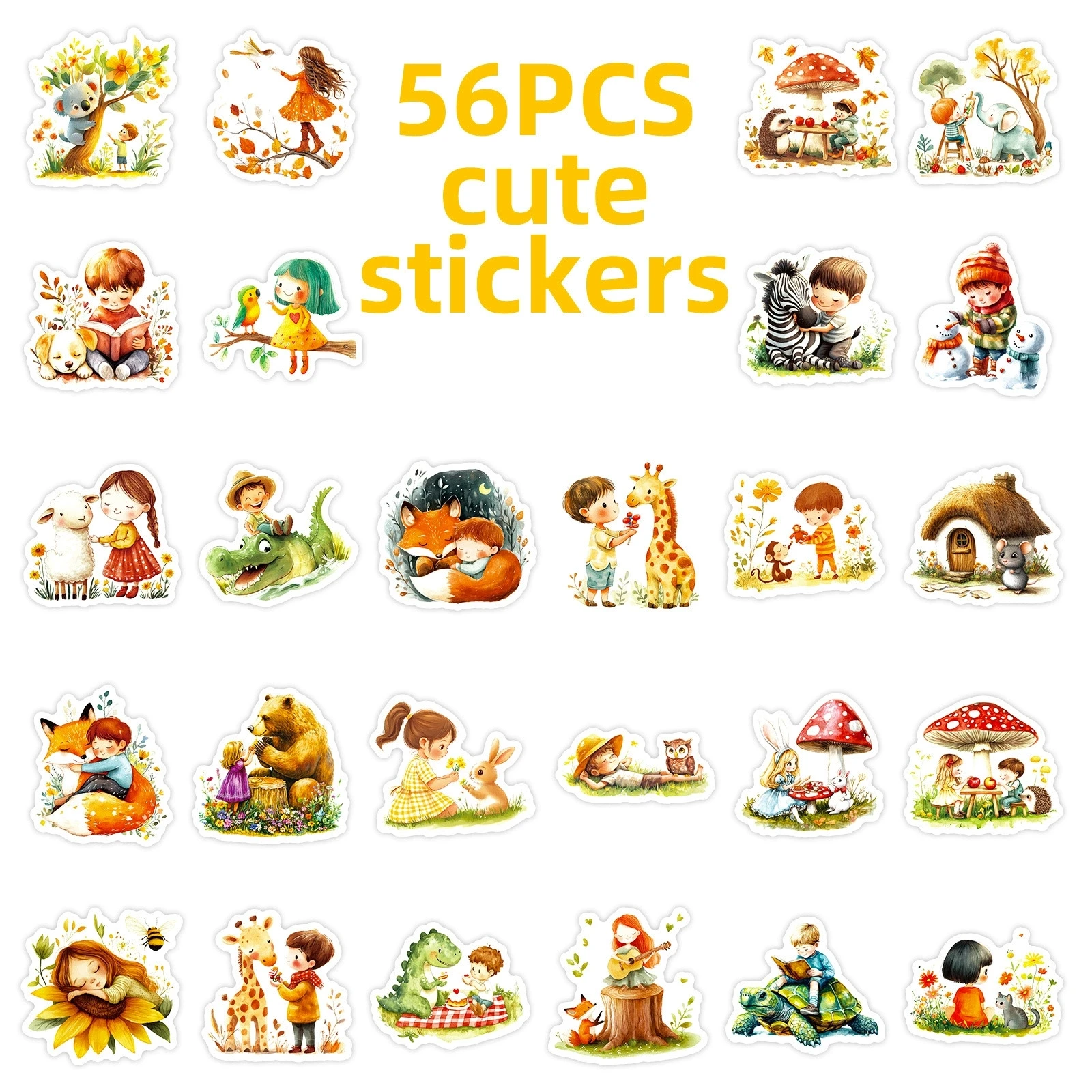 56PCS Cute Cartoon Animal World Hedgehog Mouse Fox Stickers & Fairy Tale Forest Animal Decoration Waterproof Stationary Stickers