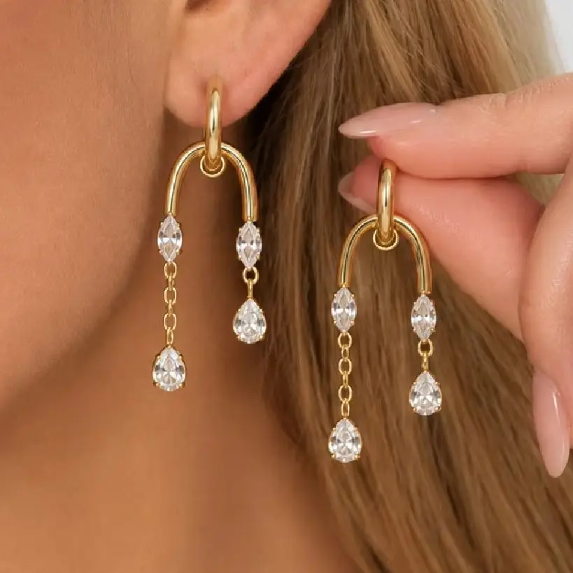 PuRui Fashion 316L Stainless Steel Geometric Pendant Earrings for Women Hip Hop Waterdrop Rhinestones Tassel Drop Earrings