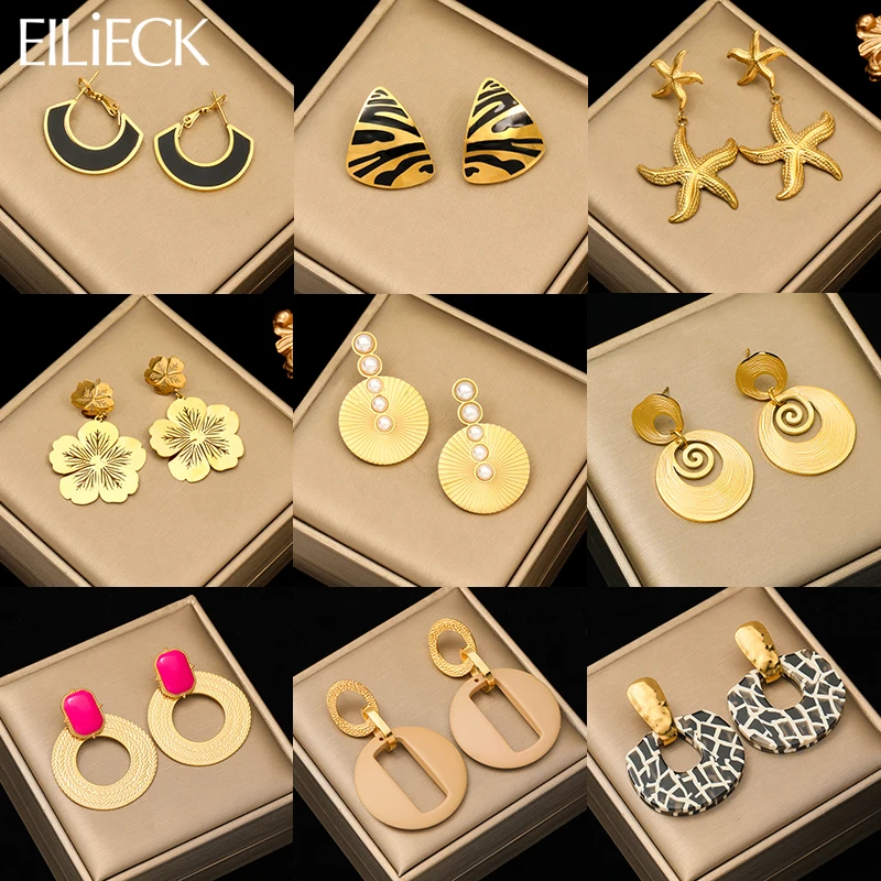 EILIECK 316L Stainless Steel Geometric Tiger Stripe Starfish Flower Earrings For Women Fashion Gold Color Ear Dangle Jewelry