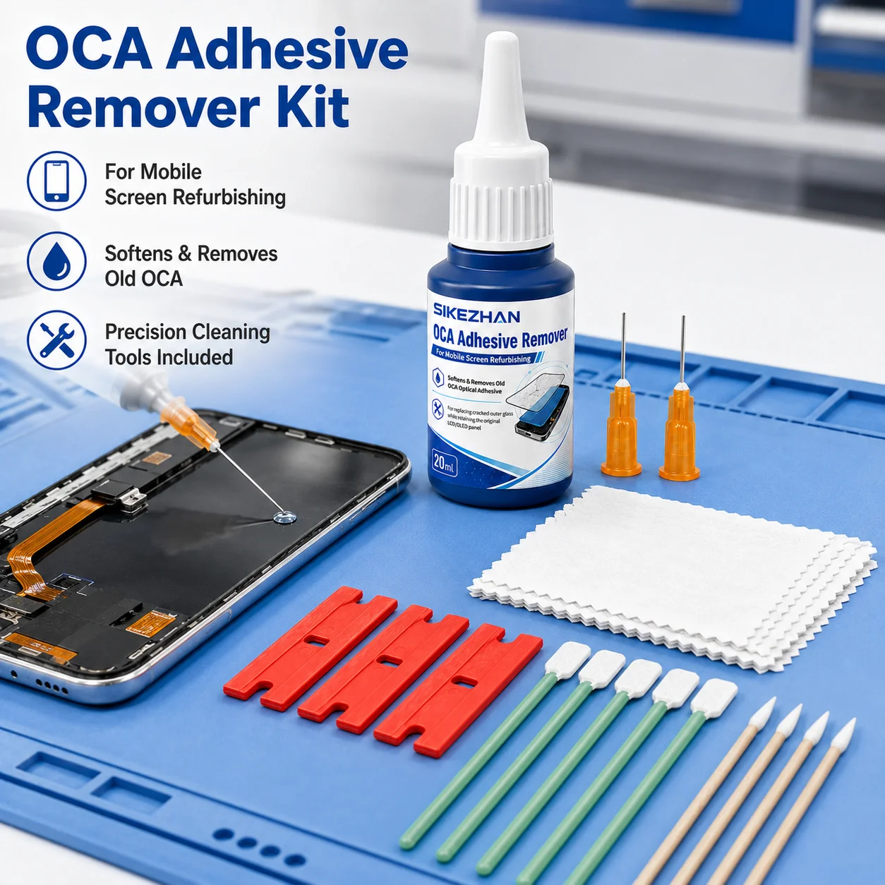 LCD Screen Repair Kit 20ml OCA Adhesive Remover Liquid Scraper Blades Cleanroom Wipes Flat Pointed Swabs Needles for Smartphones