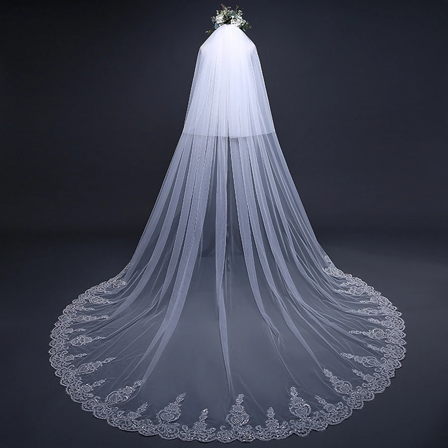 

New Arrival Two Layers Cathedral Wedding veils Lace Appliques Bride wedding accessories Boda velo de novia Cheap Bridal veil