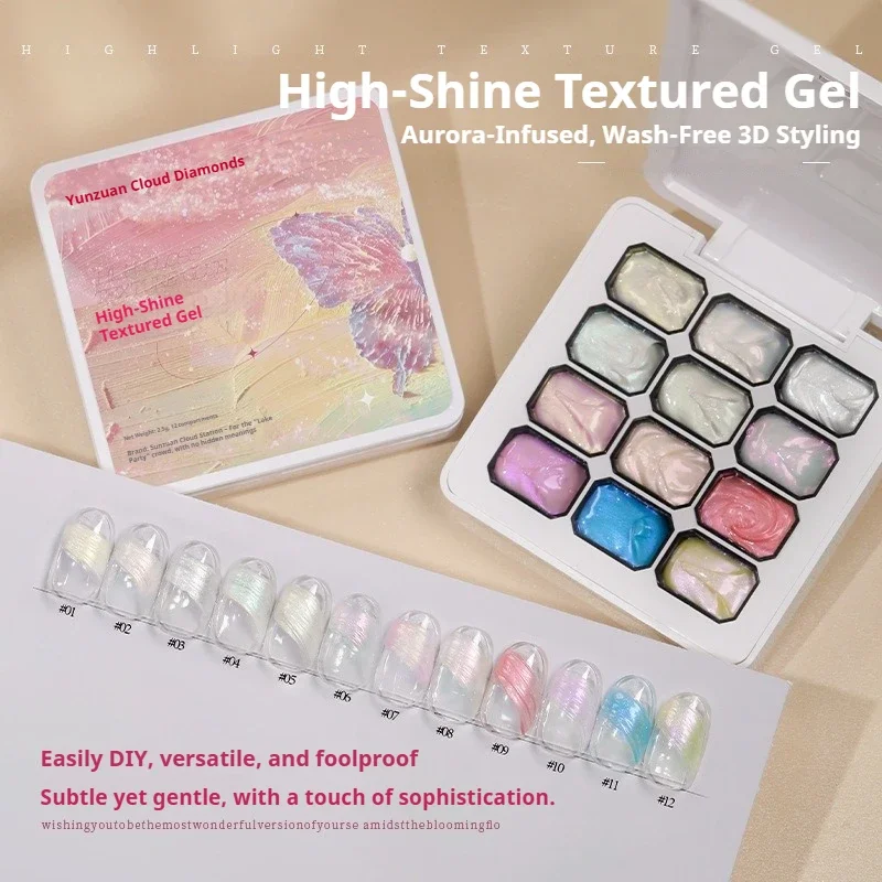 12-colors Semi-solid Nail Gel Highlight Aurora DIY Nail Art Charm Satin Mold Modeling Glue Micro-carving Texture Nails Salon