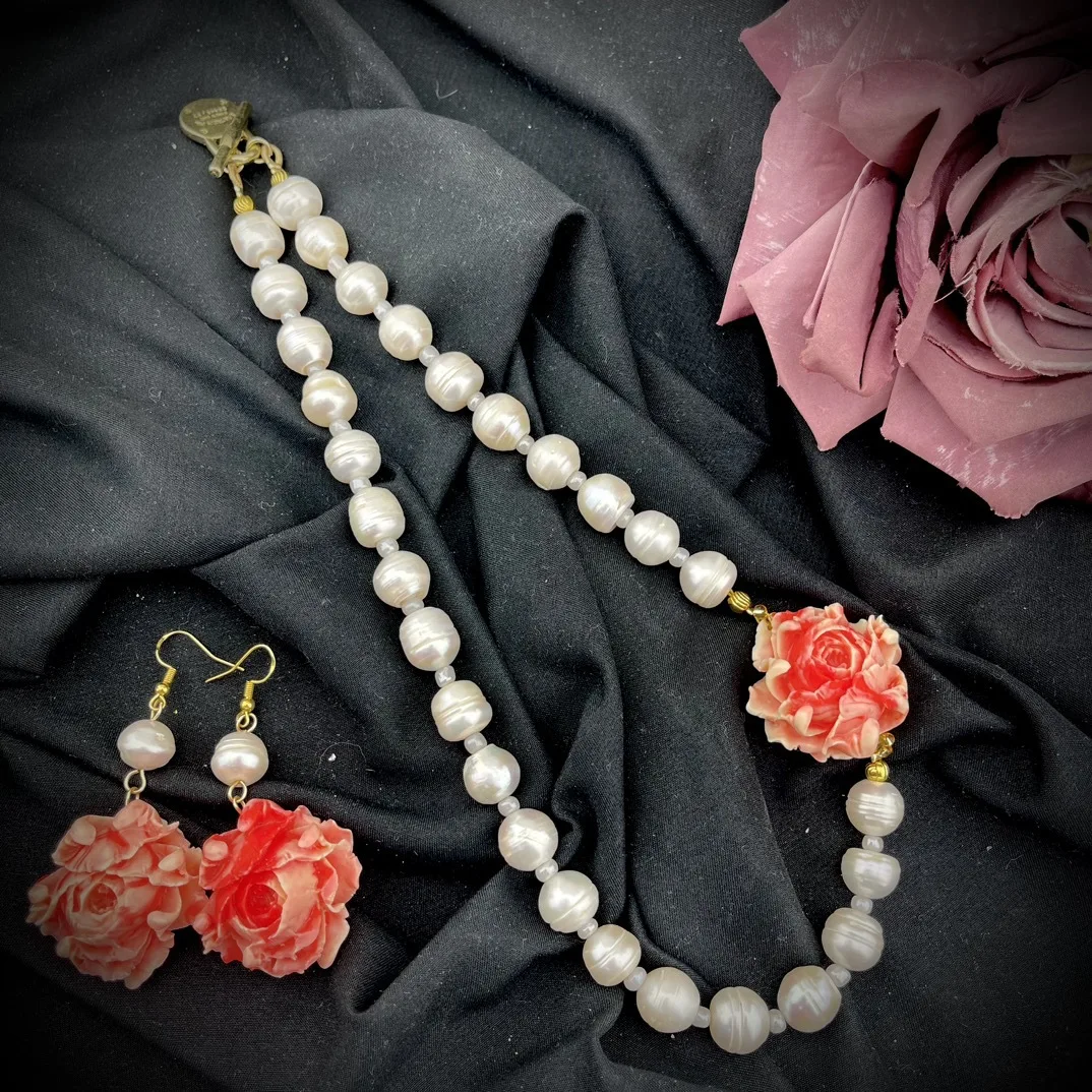 SET Jewelry Vintage freshwater pearl pink flower Necklace Earrings Women's Party Wedding