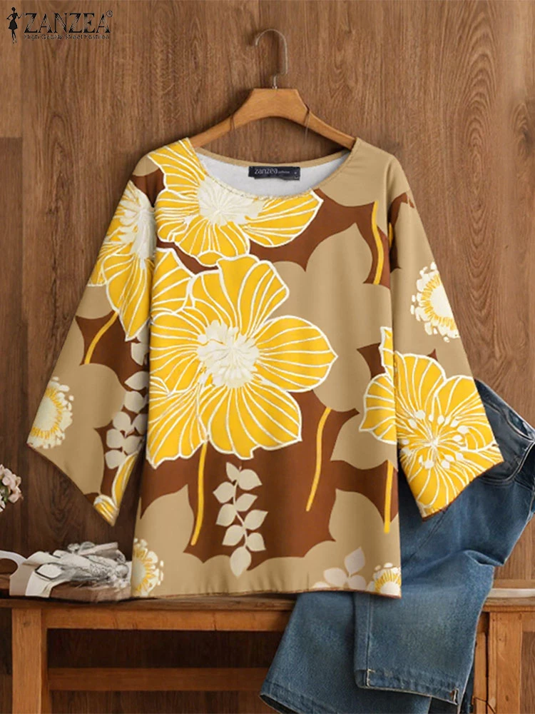 ZANZEA بلوزة عصرية للسيدات لصيف 2025 3/4 كم قمصان بوهيمية مطبوعة بالزهور بلوزات كلاسيكية بلوزات نسائية فضفاضة غير رسمية