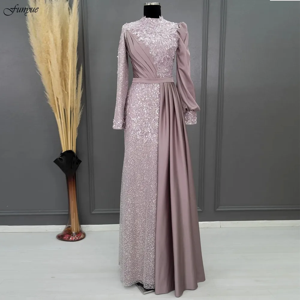 

Funyue Dubai Luxury Arabic Evening Dress Beaded Satin A-Line Long Sleeves Muslim Formal Party Gowns Champagne Vestidos De Noite