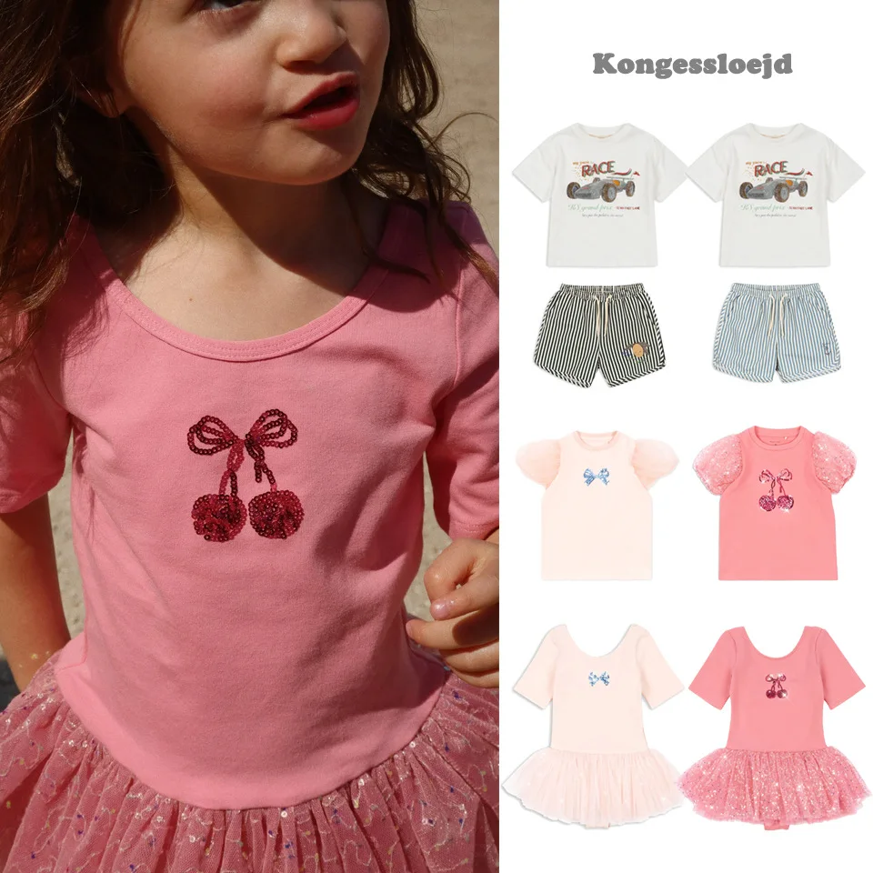 

Girls Dress 2025 Summer New Printed Fashion Children Dancewear Cotton Casual Boys T-Shirt Short Sleeve Suit Children's Clothing